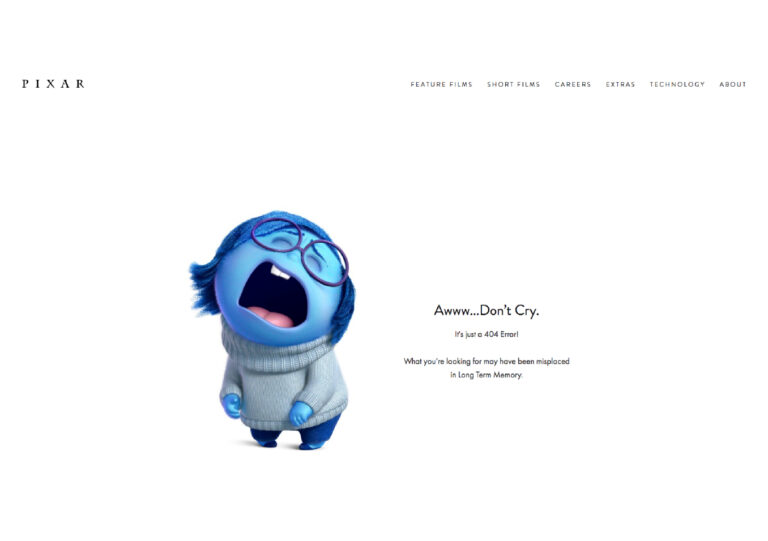 La page de 404 de Pixar reprend le personnage de Tristesse de son film Vice Versa