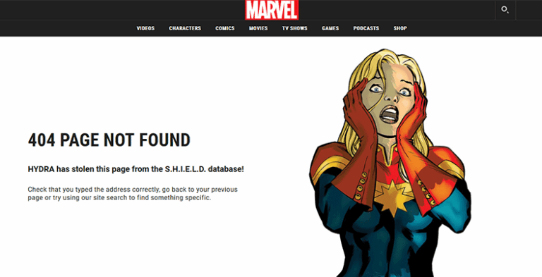 Page 404 de Marvel montrant un super-héro en panique