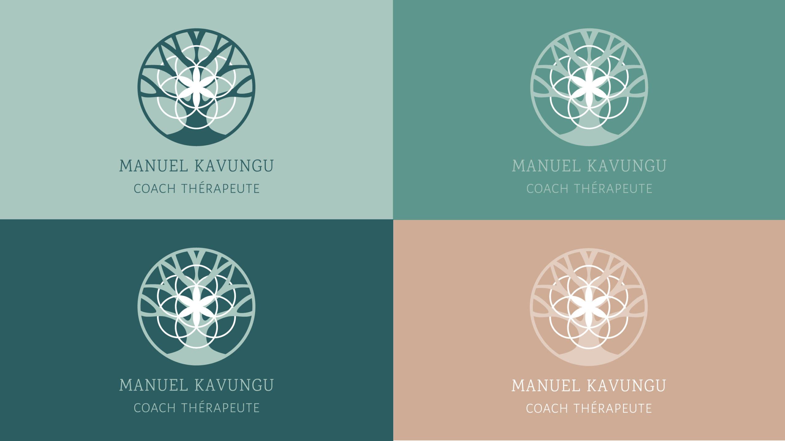 Logos pour un coach et thérapeute sur fonds de couleurs