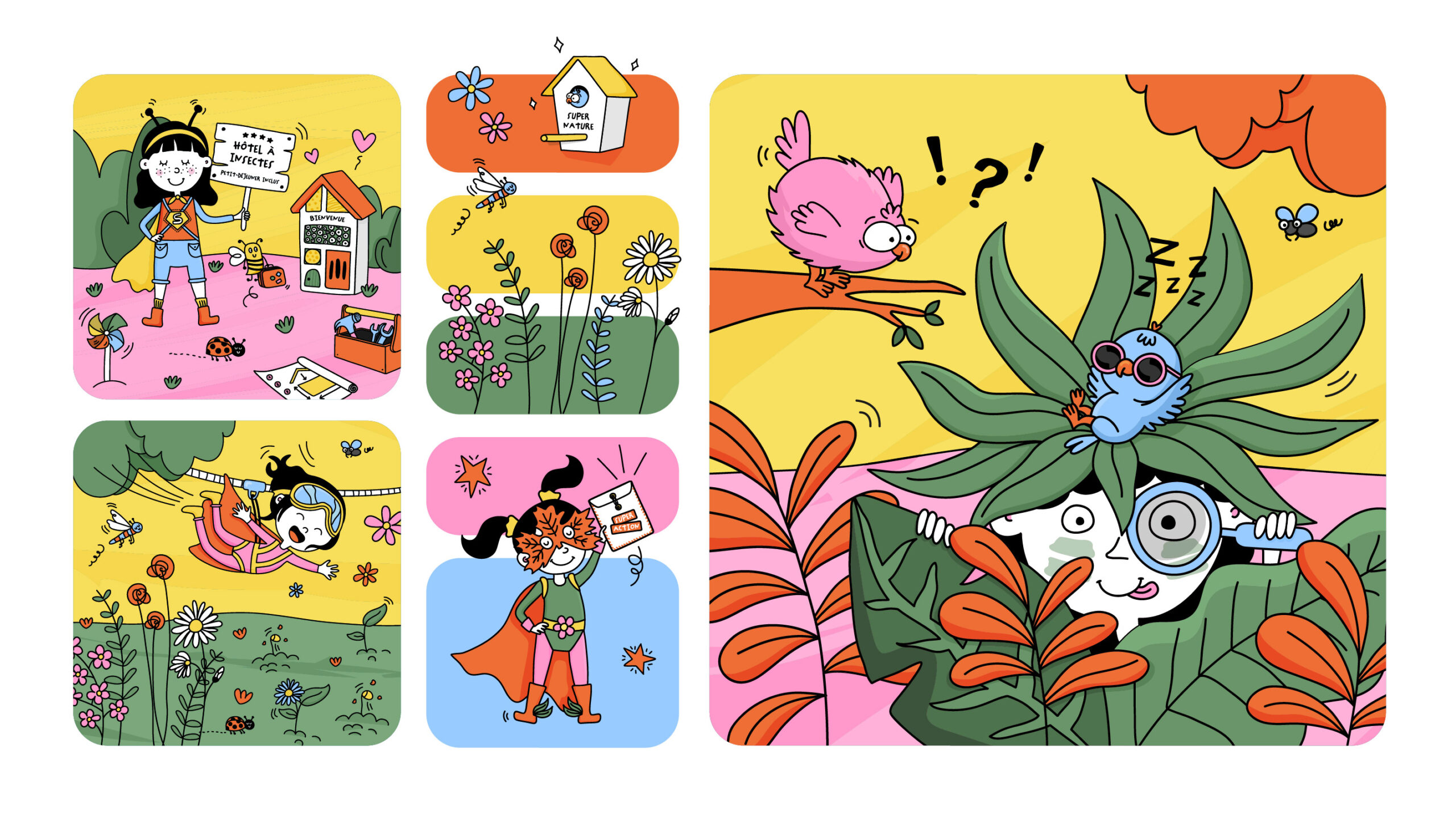 Illustrations colorées avec des enfants super-héros de la nature
